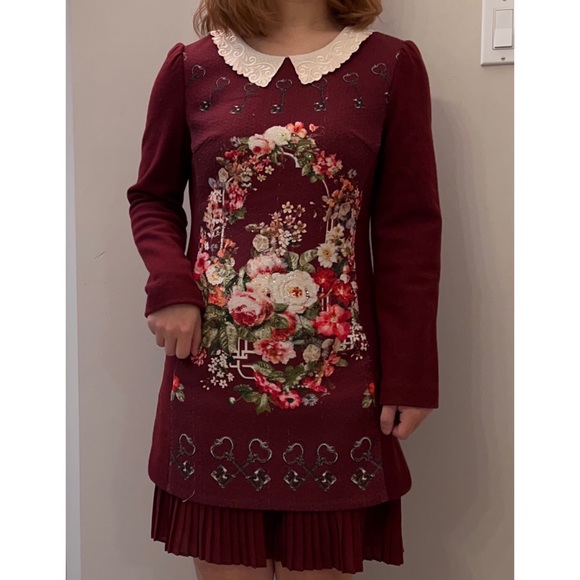 Vintage Oil Painting Flowers Printed Long Sleeved Dress - Picture 2 of 5